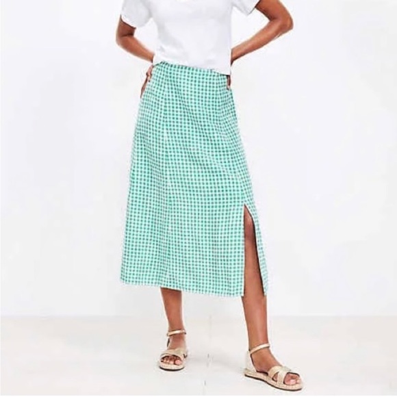Loft Green Gingham Side Slit Midi Skirt Linen Blend Size 14 - Picture 1 of 9